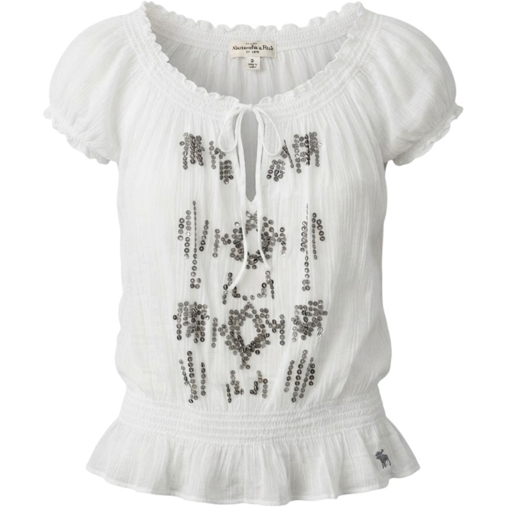 Abercrombie & Fitch White Sequin Peasant Top Smocked Gauze Boho Blouse Small